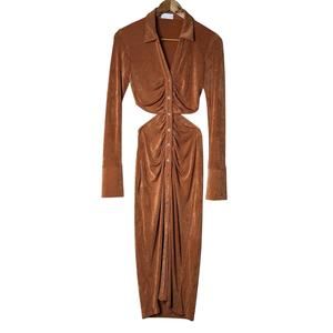 Isalis Dress Midi Button Down‎ Front Split Back Long Sleeve V Neck Ruched Size S